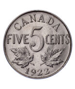 1922 Variety Far Rim Canada Five Cents 5C (About Unc, AU Condition) KM# 29 - $1,455.95 MXN