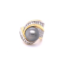 18K Yellow Gold and Platinum Cultured Tahitian Pearl and Diamond Ring Size 9 - £9,987.95 GBP
