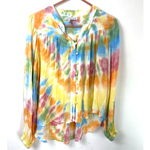 Young Fabulous &amp; Broke Button Front Top Womens S Rainbow Tie Dye Long Slv Hi Low - £12.74 GBP