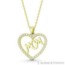 Mom Script Heart CZ Crystal Love Charm Pendant YGP .925 Sterling Silver Necklace - £12.02 GBP+