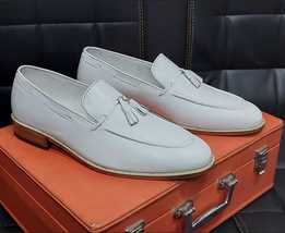 Handmade men&#39;s genuine white leather slip on loafer shoes, men tassels l... - £159.86 GBP