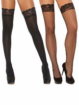 Angelique Womens Black Fishnet Lace Top Stay Up Thigh High Stockings for Garter  - £27.40 GBP