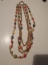 Vintage Necklace Gold Tone Beaded Layered Pink Stones - £12.35 GBP