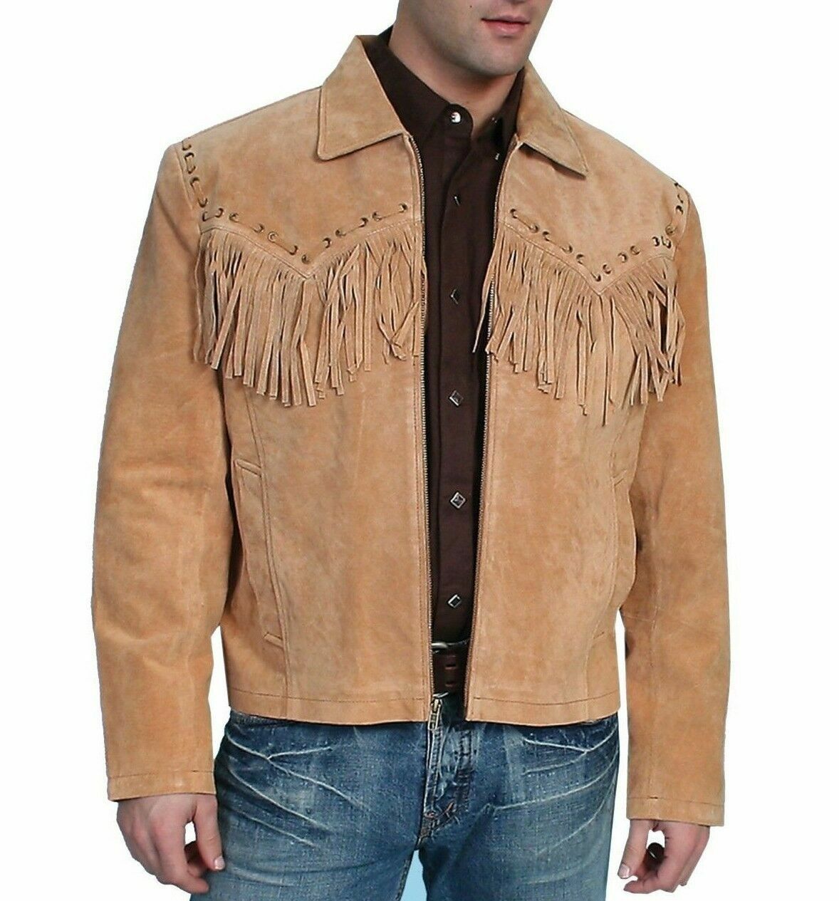 Made To Order Tan Color Western Style Handmade Fringed Real Suede Leather Jacket