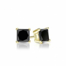 3CT Black Princess Cut Enhanced Diamond 14K Yellow Gold Solitaire Stud Earrings - £224.84 GBP