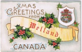 Postcard Embossed Christmas Greetings Welland Ontario Mistletoe Coat Of Arms - $9.89