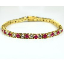 4mm Round Red Ruby &amp; White Cz Diamond 7&quot; Silver Tennis Bracelet in 14k Gold Over - £187.47 GBP