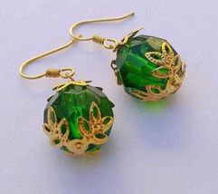 Emerald green Victorian gold earrings Boho Earrings Bohemian earrings an... - $47.88 CAD