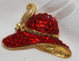 Crystal Red Hat Brooch with Gold Feather - $9.95
