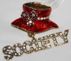Red Hat Brooch with Crystal Society Charm - $8.95