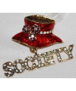 Red Hat Brooch with Crystal Society Charm - $8.95