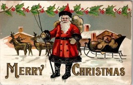 Christmas Santa Claus Red &amp; Black Suit Sleigh with Reindeer Griggs Postcard Y3 - £15.76 GBP