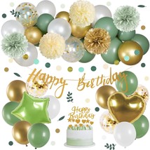 Sage Green Party Decorations Golden Happy Birthday Banner Sage Green And Gold Ba - £27.17 GBP