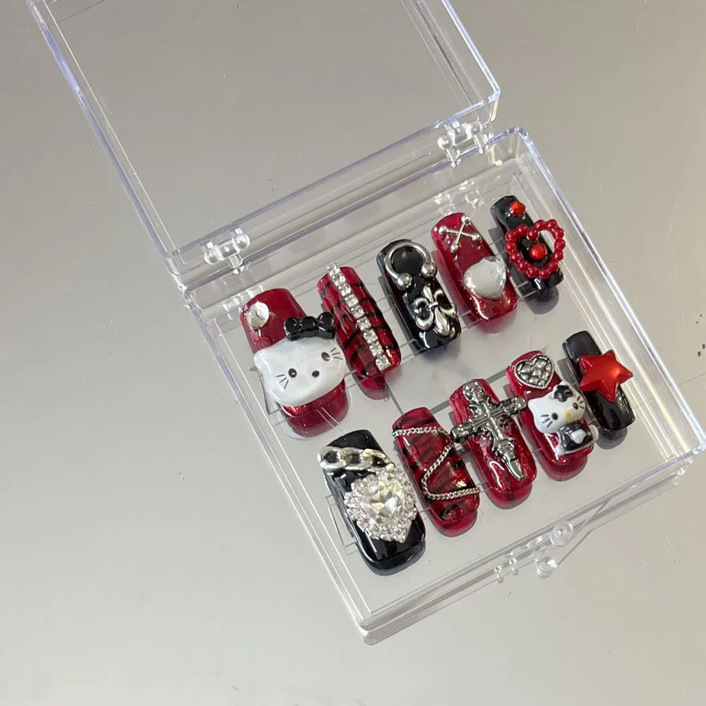 Halloween New Hello Kitty Red sparkling Spicy Girl Nail Patches Punk Style - £11.42 GBP
