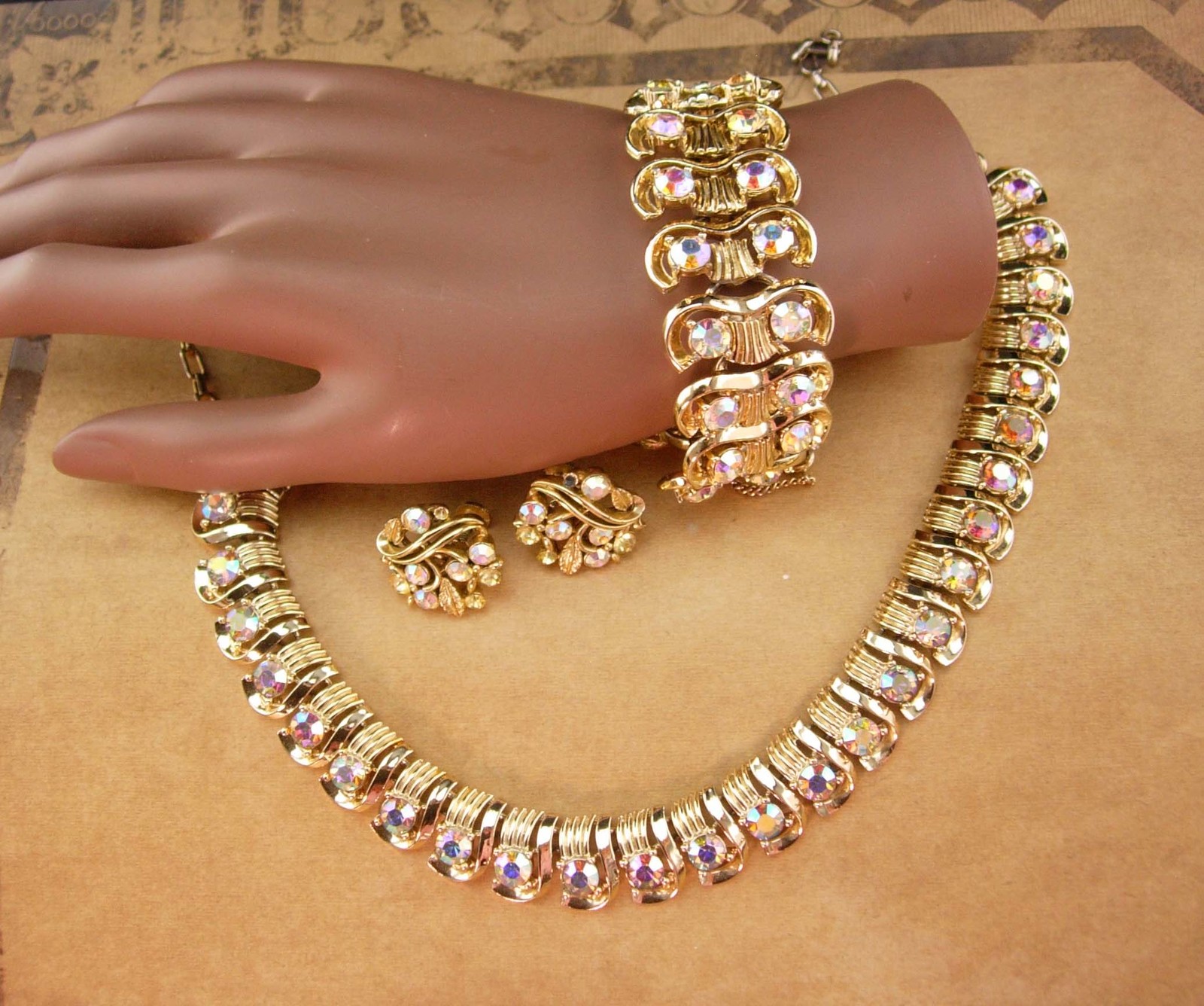 Primary image for Vintage 50's Signed Parure - Lisner bracelet set - aurora borealis necklace - rh