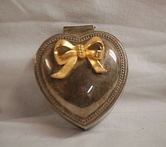 Classic Silverplate Heart Trinket Jewelry Box w Red Velvet Lining Gold Tone Bow - £10.05 GBP