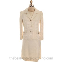 VTG 1970s Lord &amp; Taylor Ivory Brocade Dress Suit Mod Rhinestone Buttons M - $89.05