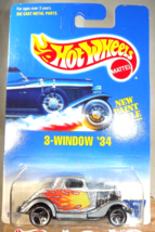 1991 Hot Wheels Blue/White Card #257 3-WINDOW &#39;34 Silver w/Chrome 3 Spoke Wheels - £6.46 GBP