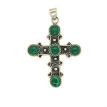 Vtg Signed Sterling Mexico Handmade Round Green Malachite Stone Cross Pendant - £74.31 GBP