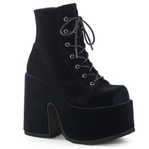 DEMONIA CAMEL-203 Womens 5&quot; Chunky Heel Platform Black Velvet Lace-Up Ankle Boot - £87.87 GBP