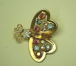 Iridescent Stones Butterfly Pin Gold Tone Heart Shaped Feelers Costume Jewelry d - £13.17 GBP