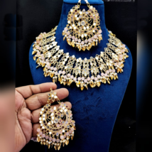 Indian Bollywood Gold Plated Glass Kundan Choker Pearl Necklace Pink Jewelry Set - £51.93 GBP