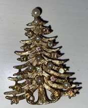 Christmas Tree Brooch Signed Lancer II Rhinestone Pearl Multicolor Holiday VTG - £30.07 GBP