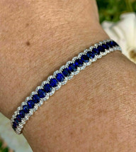 12Ct Oval Cut Lab Created Blue Sapphire Tennis Bracelet 14K White Gold Over - £149.58 GBP
