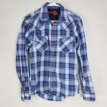 Wrangler 20X Long Sleeve Pearl Snap Button Shirt M Blue Stripe Plaid - £11.86 GBP