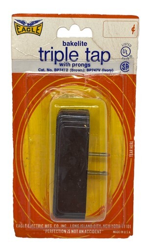 Vintage Eagle Bakelite Triple Tap with Prongs Outlet Adapter Brown NEW - $26.47 CAD