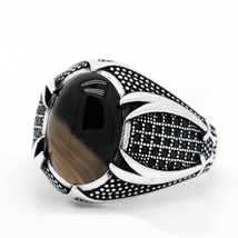 Islamic Double Swords Ring for Men Gift 925 Sterling Silver Natural Agate Stone  - £38.48 GBP