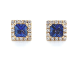 14k Gold Square Stud Blue Genuine Sapphire Earrings with Diamond Halo (#... - $1,361.25