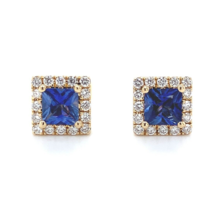 14k Gold Square Stud Blue Genuine Sapphire Earrings with Diamond Halo (#... - £1,066.80 GBP