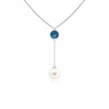 Freshwater Cultured Pearl &amp; London Blue Topaz Lariat Necklace in 14K White Gold - £261.95 GBP