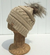 New Gilrs Winter Beanie Hat Knitted With Faux fur Pom Pom Color Beige Wa... - $7.69
