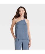 A New Day Women&#39;s One Shoulder Tank Top LARGE Dark Blue Silky Strappy Ne... - $426.79 MXN