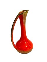 Ceramic Orange Vase 9&quot; Gold Volcano Glaze Unmarked MCM Handle Signed Ribbed - £30.74 GBP