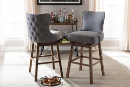 Putri Brown Wood Gray Fabric Button-Tufted 2Pc Swivel Barstool Set - $416.00
