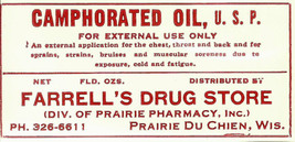 Vintage Pharmacy Label CAMPHORATED OIL Farrell&#39;s Drug Prairie Du Chiem Wisconsin - $25.69