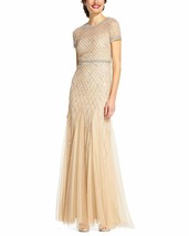 Adrianna Papell Champagne Cap Sleeve Beaded Mesh Gown Formal Dress - £210.29 GBP
