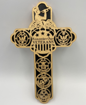 Scroll Saw Wood Handcrafted Folk Art Cross Remember Our Veterans USA Military - £140.37 GBP