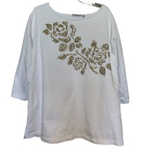 Quacker Factory Womens Top White 3X Half Sleeve 100% Cotton Floral Sequin - £14.79 GBP