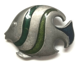 Vintage L Razza Signed Silver Tone Blue &amp; Green Fish Brooch Pin - $12.86