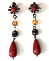 Antiqued Finish Copper Tone &amp; Red Beaded Dangle Drop Earrings Boho Clip On - £7.99 GBP