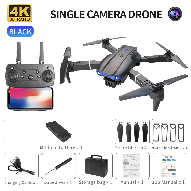 QJ E99 K3 Pro 4K Drone - Dual Camera, Foldable RC Quadcopter (Black-Single C-1B) - $40.00