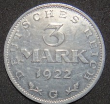 GERMANY 3 MARK ALU COIN 1922 G WEIMAR TIME RARE COIN aUNC - £6.12 GBP