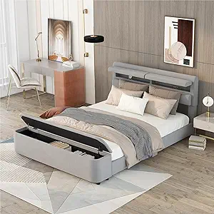 Merax Queen Size Upholstery Platform Bed with Storage Headboard and Foot... - $344.99