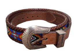 Vintage 1991 Belt 65503 Sz 28&#39; Brown Leather Brass Indian Aztec Beaded Colorful - £23.31 GBP