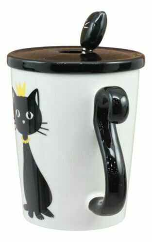 Witchy Black Cat With Golden Crown Ceramic Coffee Tea Mug Cup With Spoon And Lid Item image 4