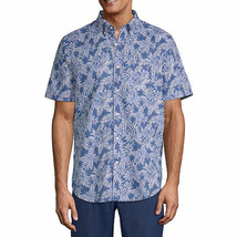 St. John&#39;s Bay Men&#39;s Short Sleeve Button Down Shirt MEDIUM Navy Leaf Print - £15.64 GBP